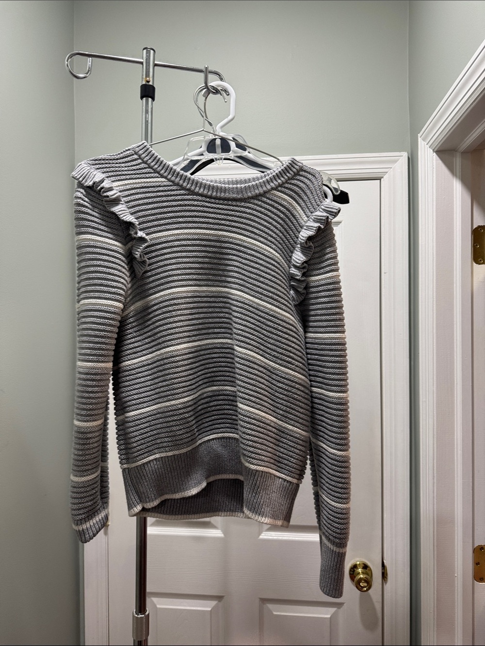 Banana Republic Gray Striped Ruffle Shoulder Sweater